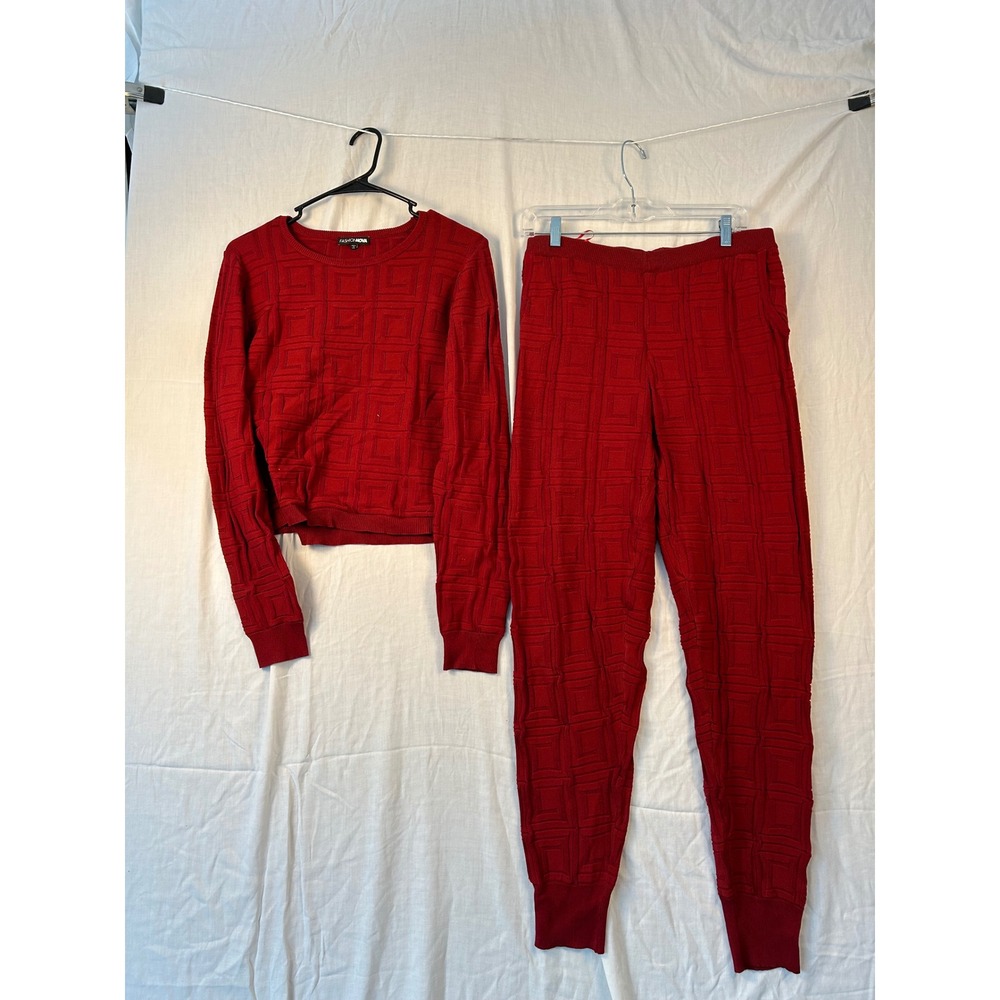 Fashion Nova Red Geometric Maze Knit Sweater and Joggers Set XL #2252